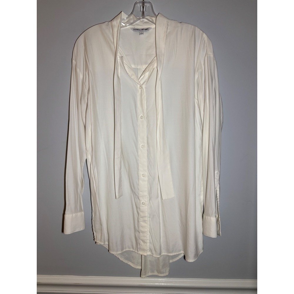 Elizabeth and James Button Down Shirt Women White Tie Neck Long Sleeve L Tunic